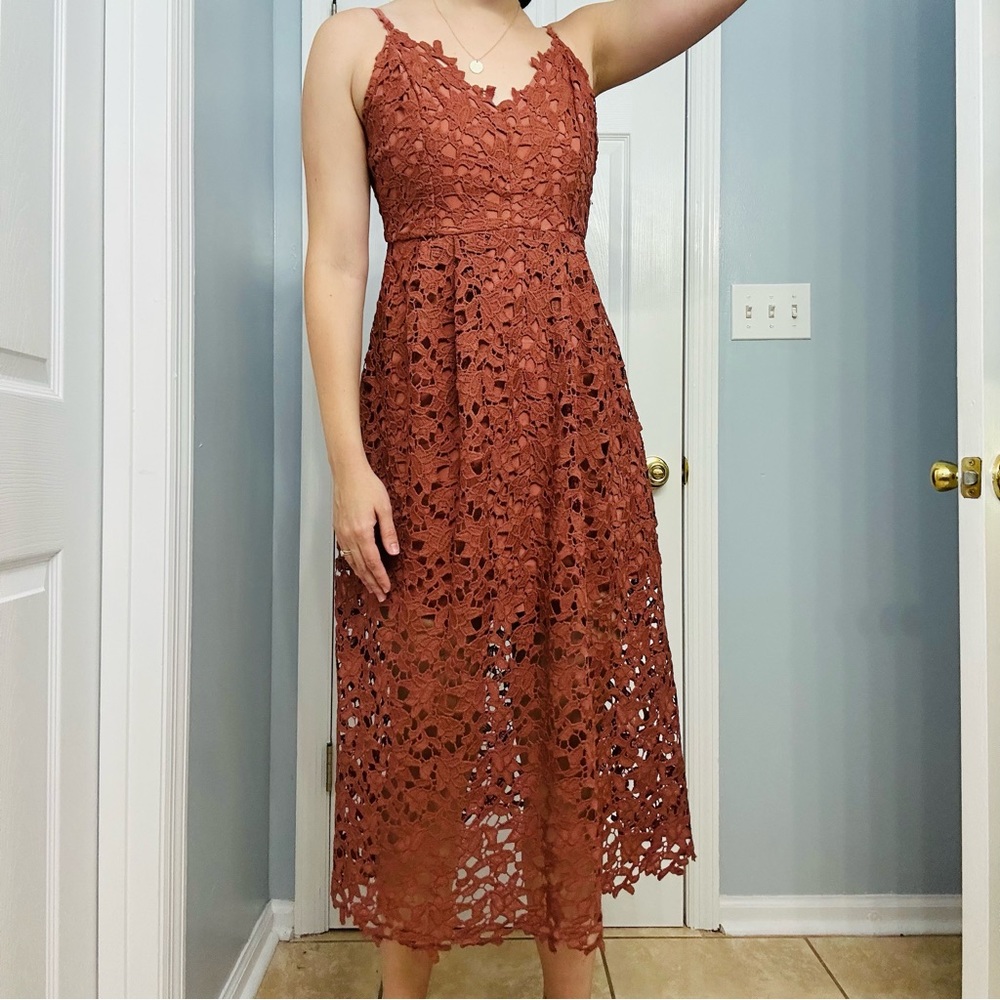 ASTR Dress Midi Floral Lace Terracotta Fall A-line Wedding Guest Extra Small